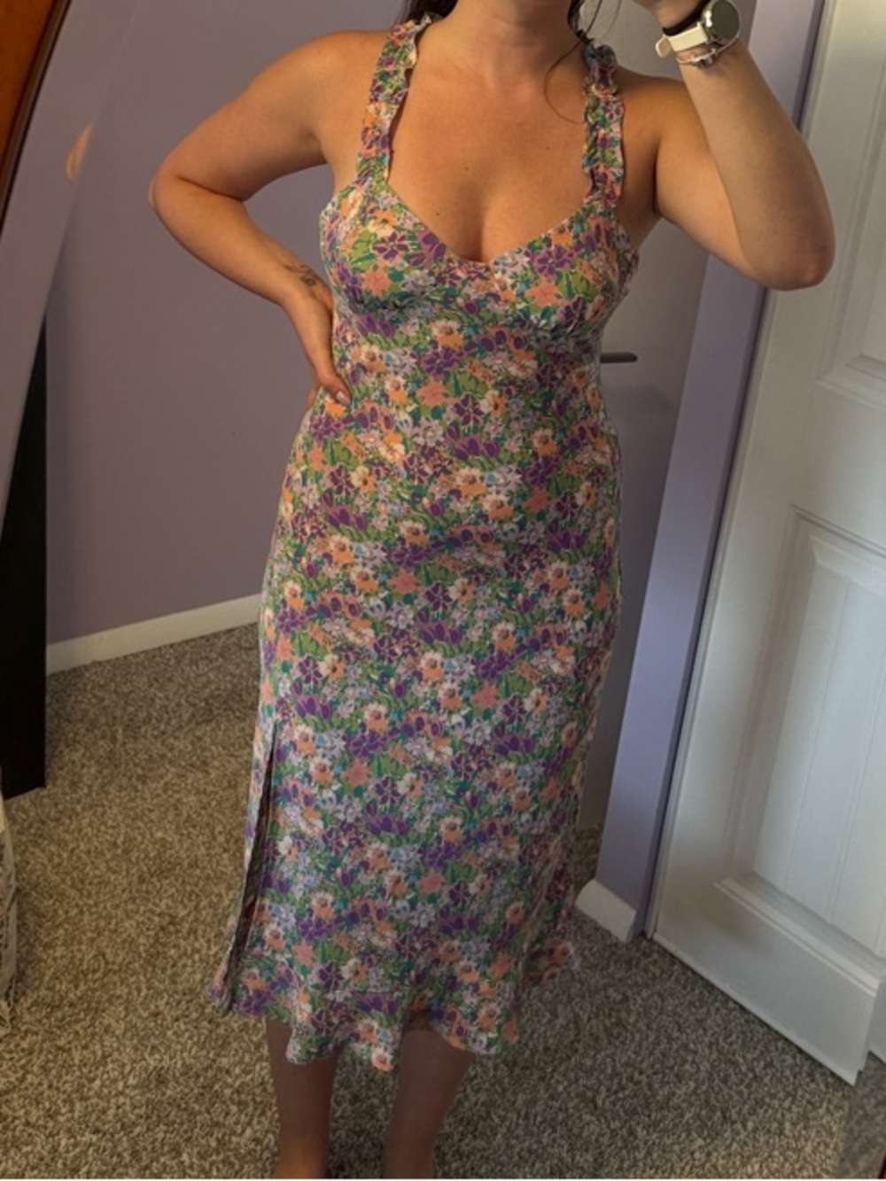 Astr Floral Midi Dress in Purple, Green, Peach